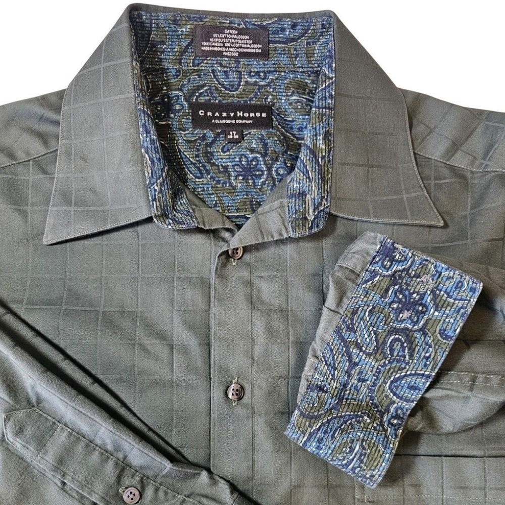Crazy Horse Button Down Shirt Mens 17 34-35 Olive Green Grid Paisley Trim Sateen